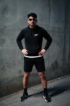 Stylish young man in dark attire and sunglasses posing against an urban backdrop.