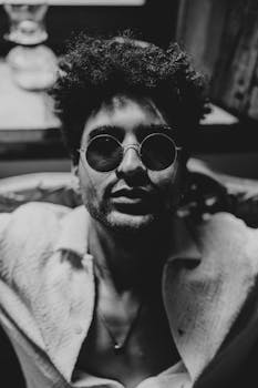 Close-up black and white portrait of a man wearing sunglasses, exuding a moody and stylish vibe.