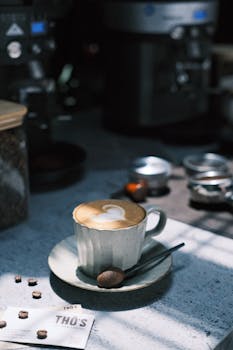 Cozy café scene with a latte in a ceramic cup, perfect for coffee enthusiasts.