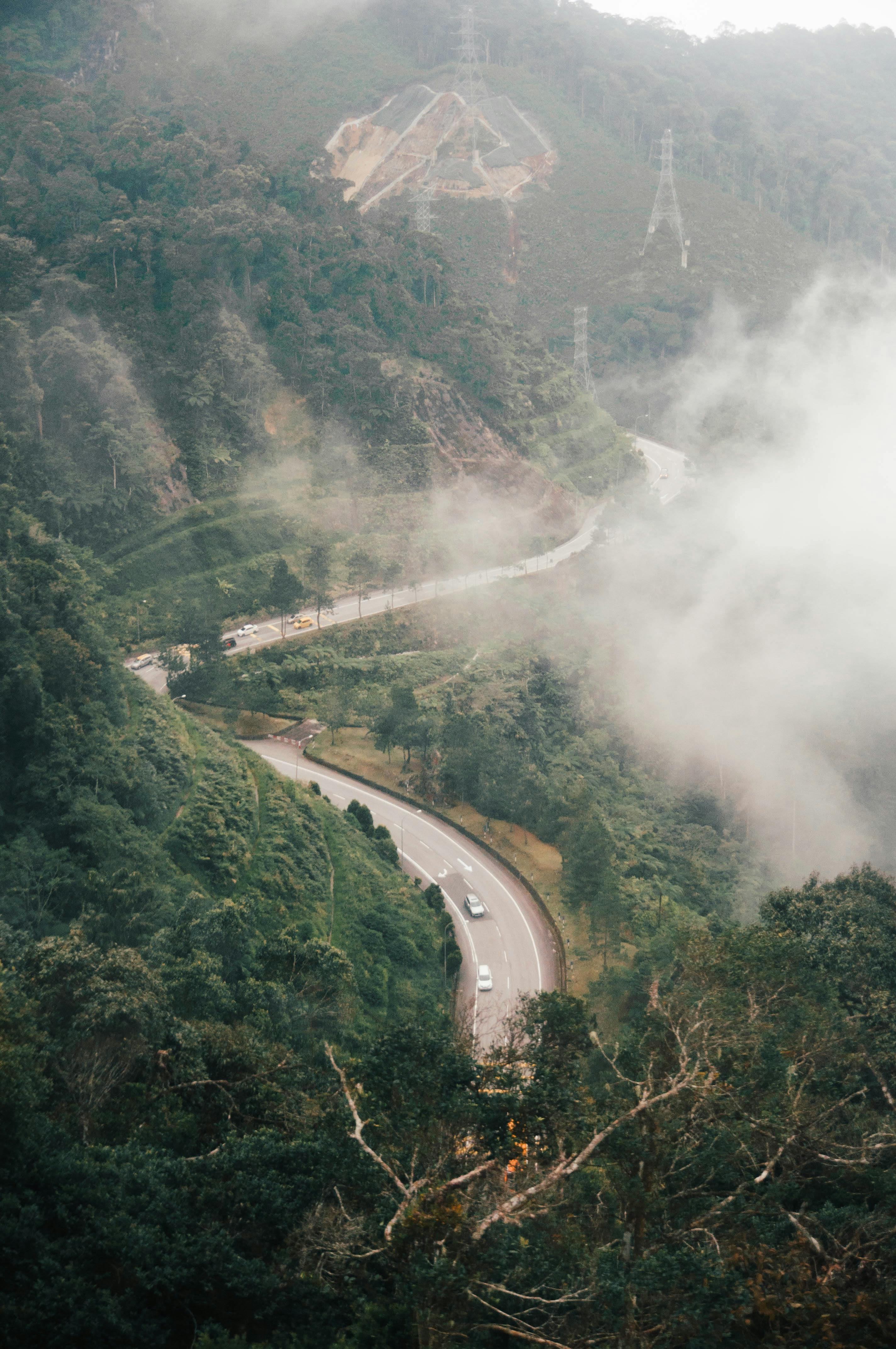 A lush, fog-covered mountain road winds through a verdant valley, creating a serene and mysterious landscape.