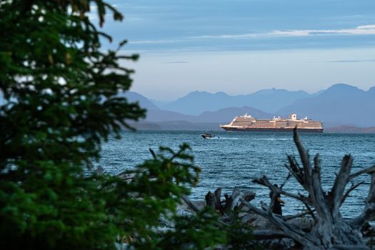 Serene scene of a cruise ship sailing along the coast of Campbell River, BC, framed by lush greenery.