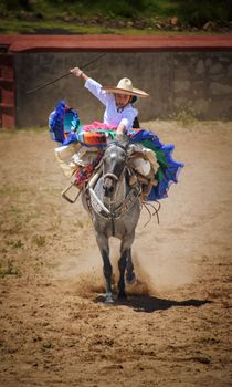 Vibrant photo of a charro in traditional attire riding a horse, showcasing cultural heritage and skill.