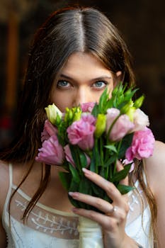 Charming portrait of a woman holding a colorful flower bouquet with captivating eyes.