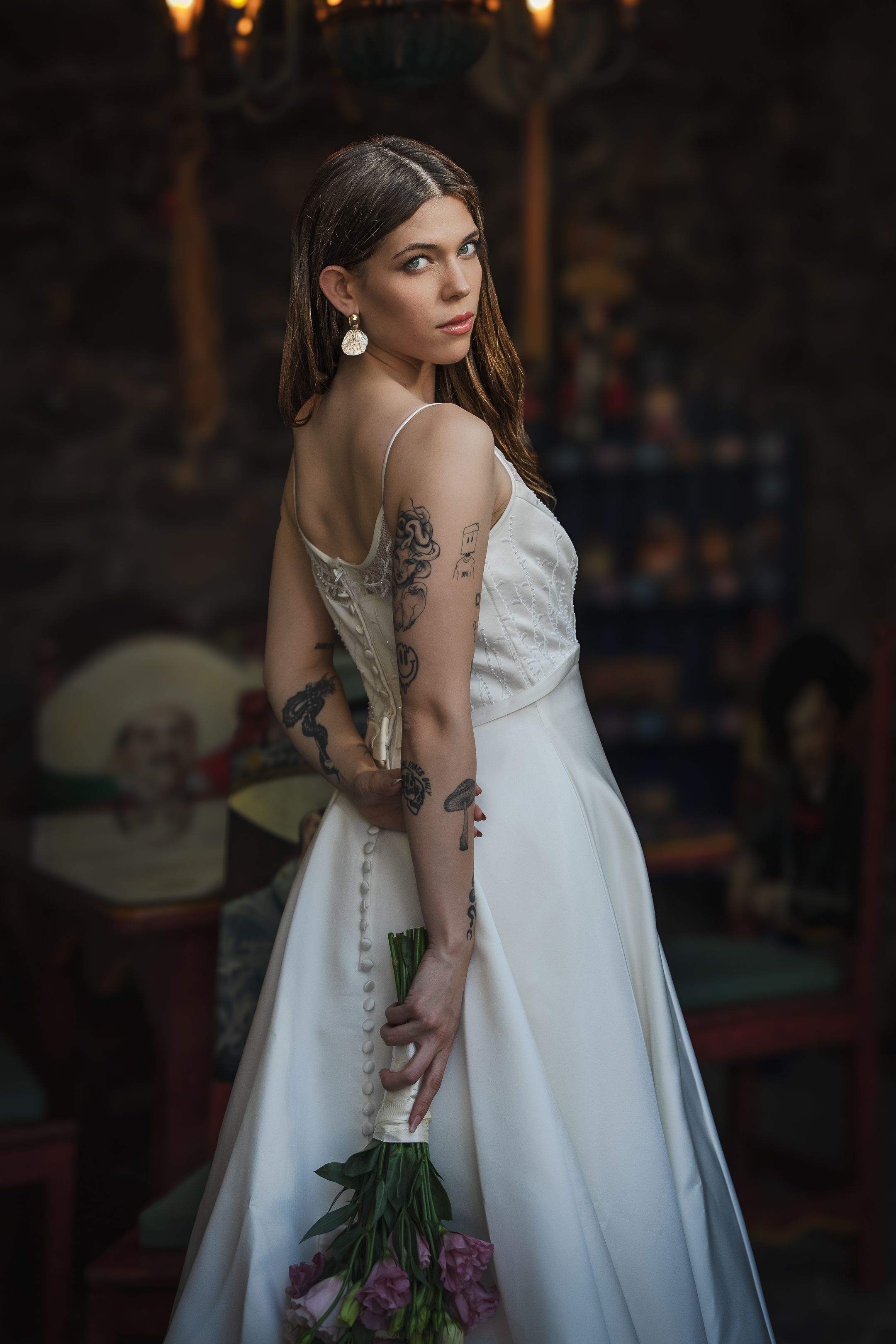 Elegant Portrait of a Tattooed Bride in White Dress  Free Stock Photo