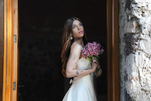 Beautiful bride with tattoos holding a pink flower bouquet, standing in a rustic doorway.