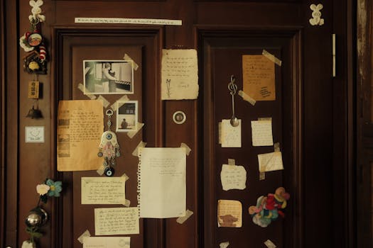 Wooden door adorned with vintage notes, decorations, and photographs, creating a nostalgic atmosphere.