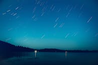 加拿大巴里湾湖面上，长时间曝光捕捉到的星星轨迹，营造出宁静的夜色