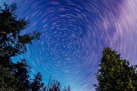 在加拿大安大略省巴里湾的森林上空，美丽的星轨通过长曝光产生了螺旋效应