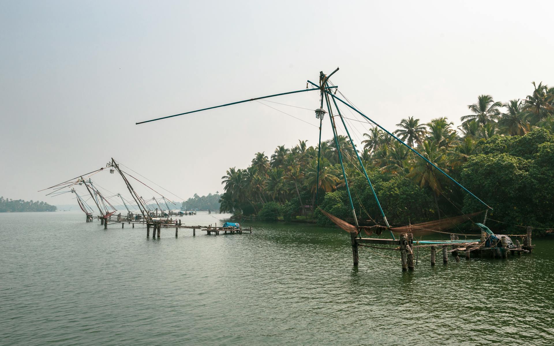 Scenic view of traditional Chinese fishing nets along Kerala backwaters surrounded by lush palm trees.