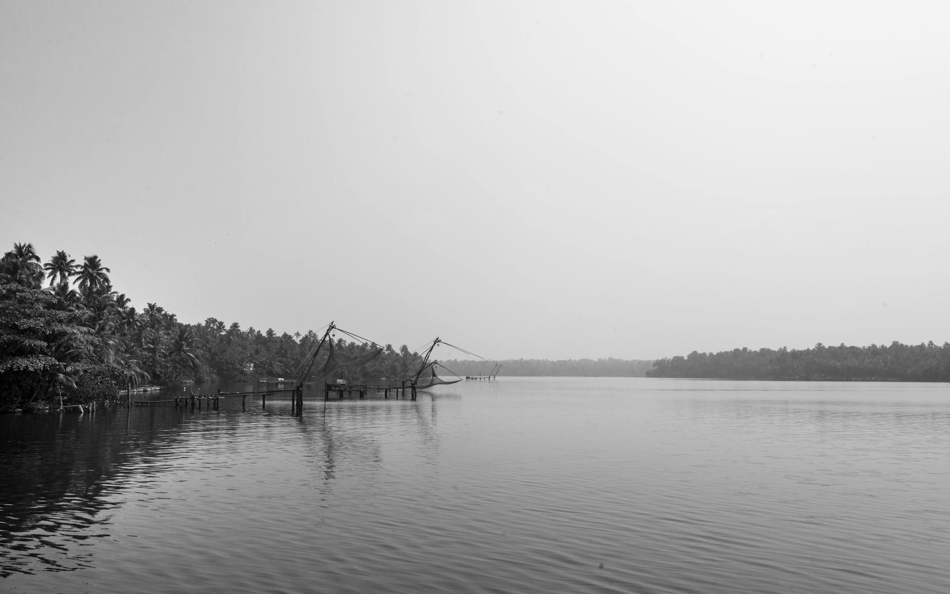 A tranquil monochrome view of Kerala's backwaters with Chinese fishing nets at dawn.