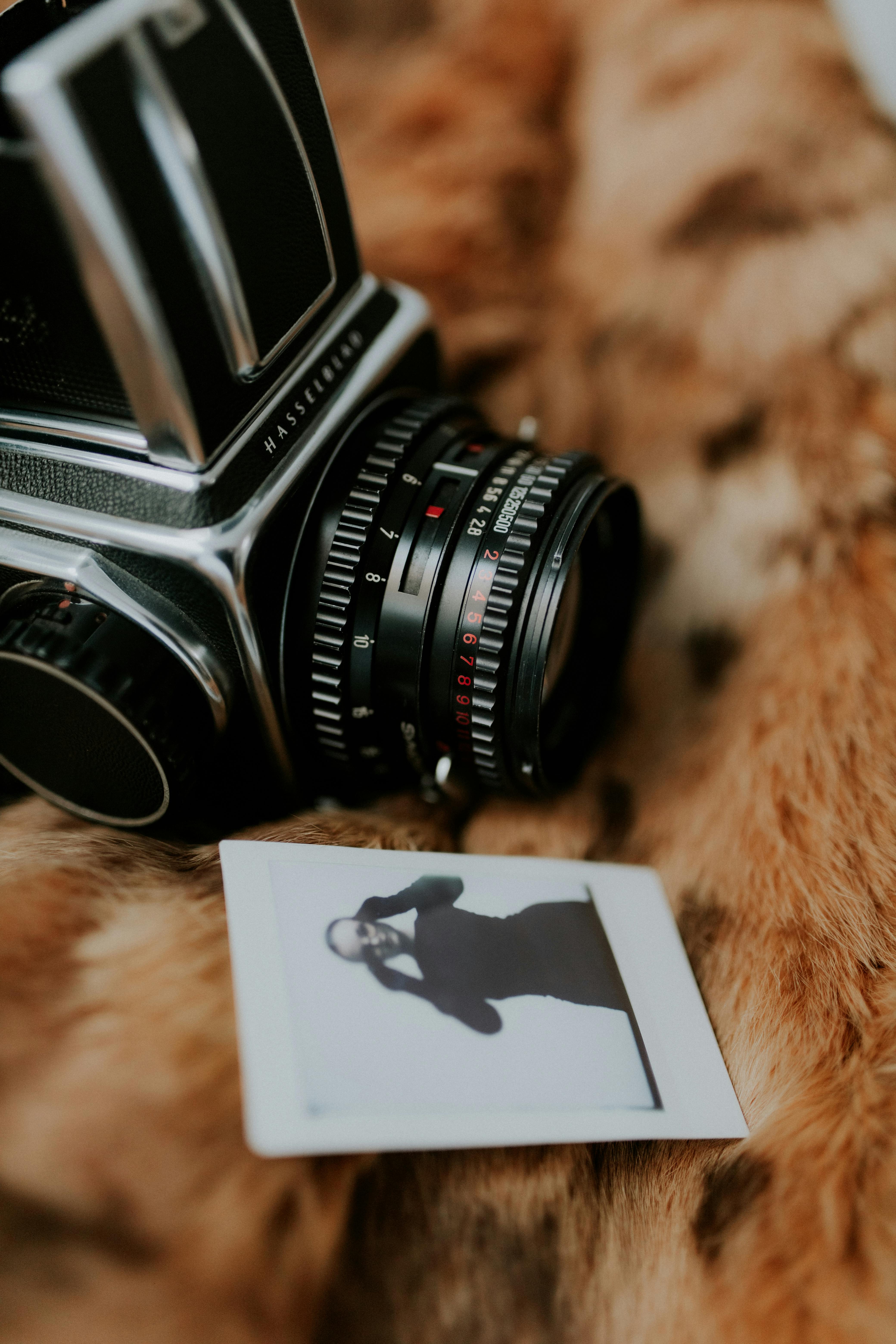 Close-up shot of a vintage film camera with a polaroid photo on a fur background, evoking nostalgic memories.
