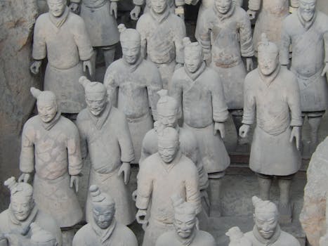 Terracotta Warriors in Xi'an, Shaanxi, China. Ancient army sculptures guarding Emperor Qin Shi Huang's tomb.