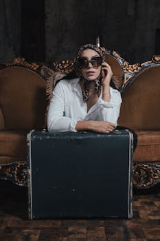 Woman in sunglasses and headscarf sitting by a suitcase in a vintage room.