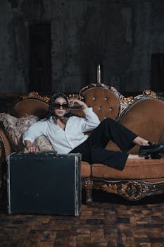 Chic woman wearing sunglasses lounging on elegant vintage sofa indoors.