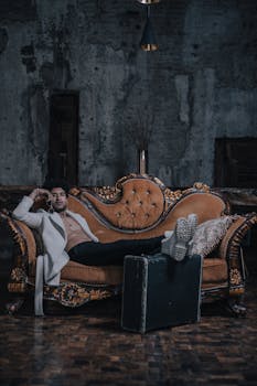 Elegant portrait of a young man lounging on a vintage sofa in a moody, artistic interior.