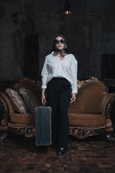 Fashionable woman holding a suitcase in a vintage room, embodying travel and style.