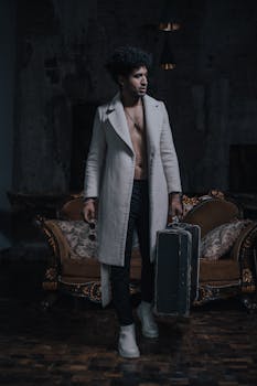 A fashionable young man in a long coat, standing with a suitcase in a vintage room.
