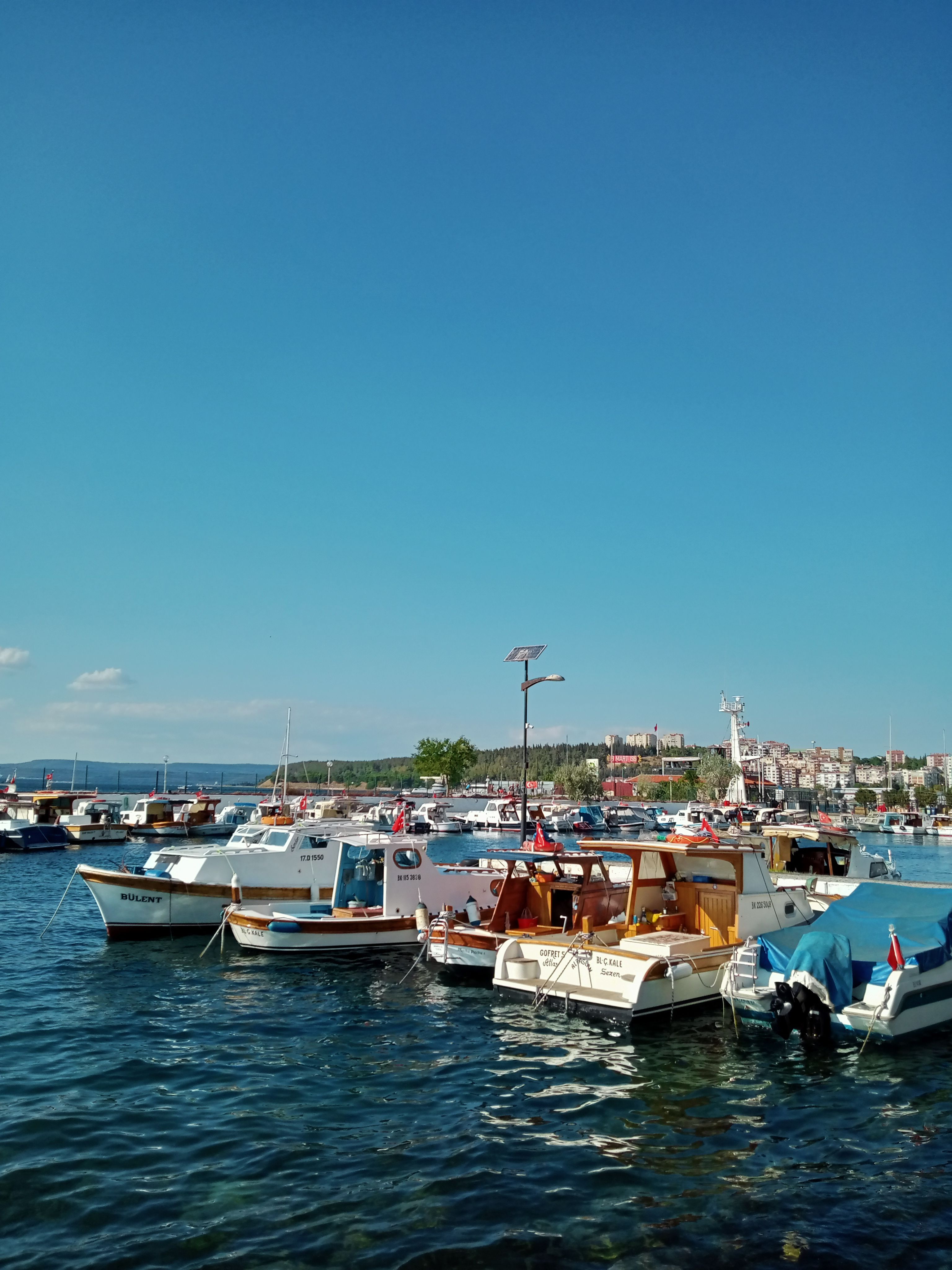 Boats docked in a harbor with blue sky and buildings · Free Stock Photo