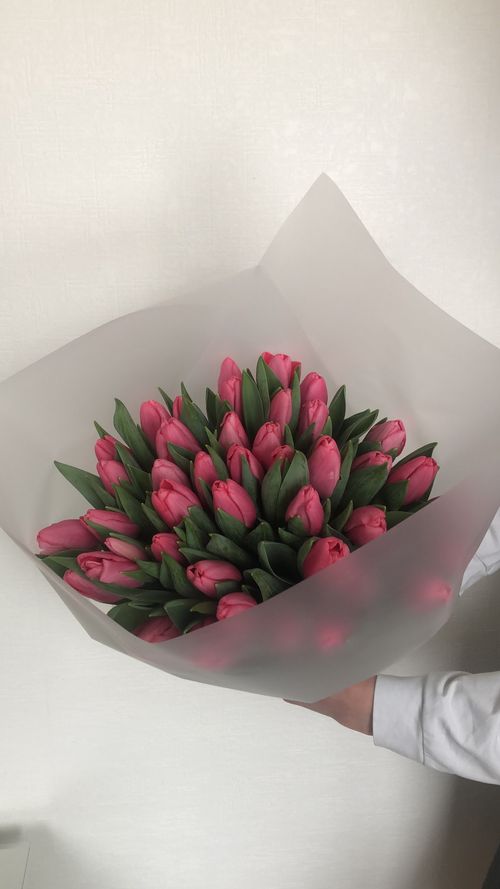 Free Beautiful bouquet of pink tulips wrapped in white paper, perfect for weddings or romantic gifts. Stock Photo