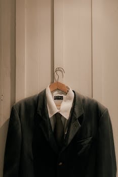Vintage menswear ensemble with jacket and tie on a hanger indoors.