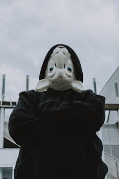 A person in a black hoodie with an upside-down lamb mask, captured from a low angle outdoors.