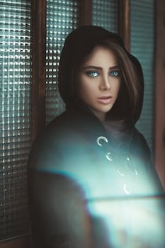 一位年轻女子戴着兜帽的特写肖像，凸显了她那双明亮的蓝眼睛