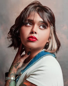 Elegant studio portrait of a young woman with striking makeup and tattoos, showcasing modern style.