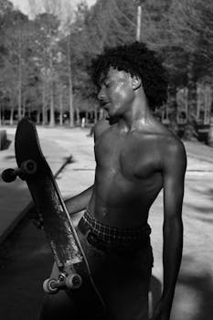 Captivating black and white image of a shirtless skateboarder at a park, showcasing energy and style.