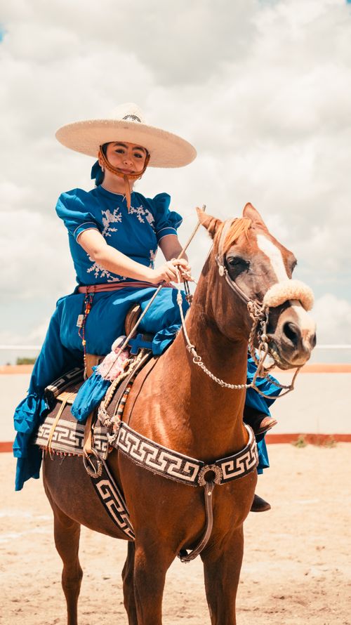 Free A woman in traditional attire riding a horse in a cultural equestrian display outdoors. Stock Photo