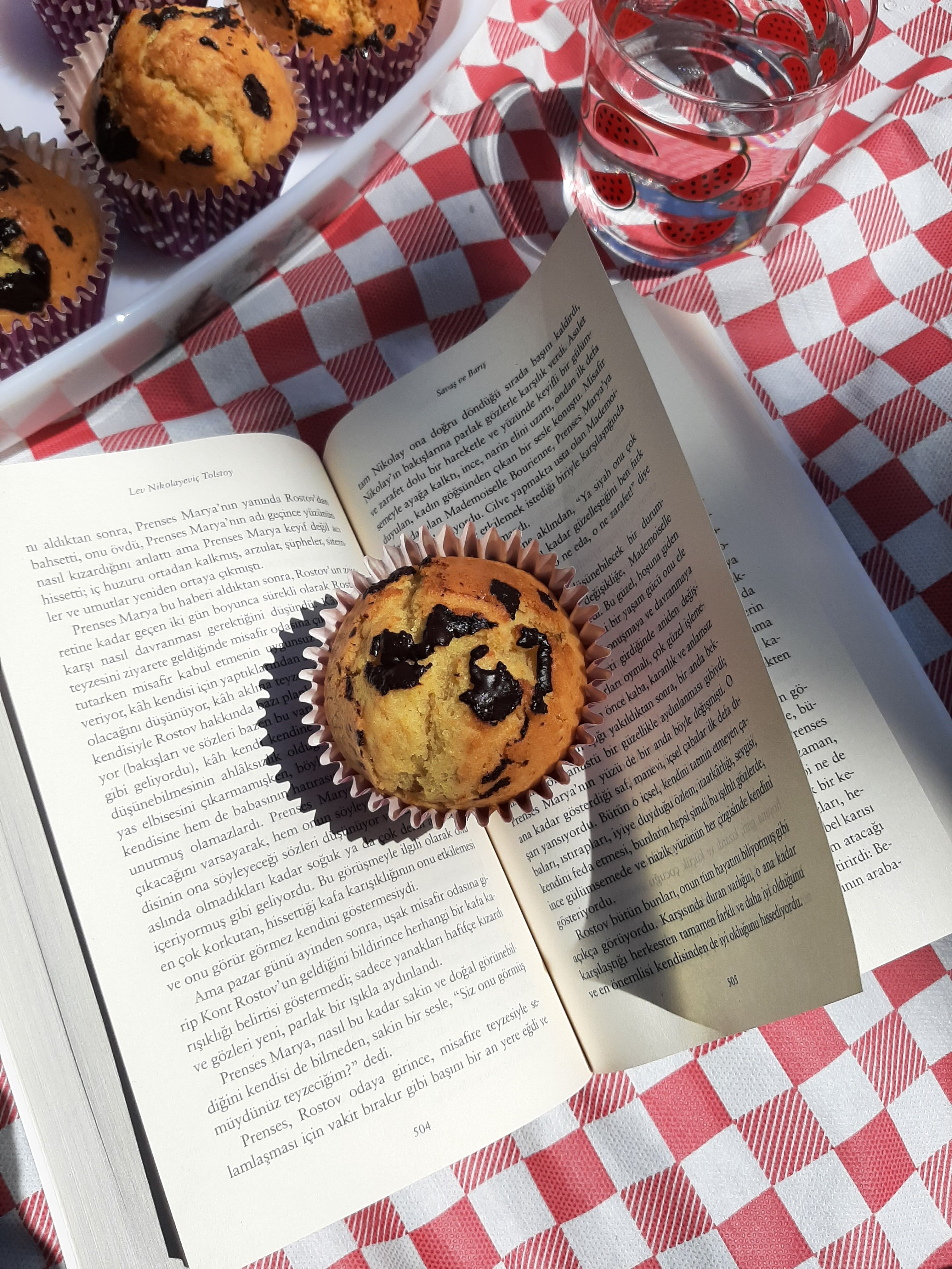 A chocolate chip muffin rests on an open book on a checkered tablecloth.