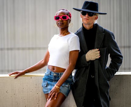 Trendy fashion portrait of stylish man and woman in sunglasses embracing unique styles outdoors.