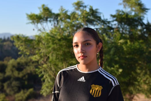Portrait of a young woman in a black soccer jersey posing outdoors in a sunny park setting.
