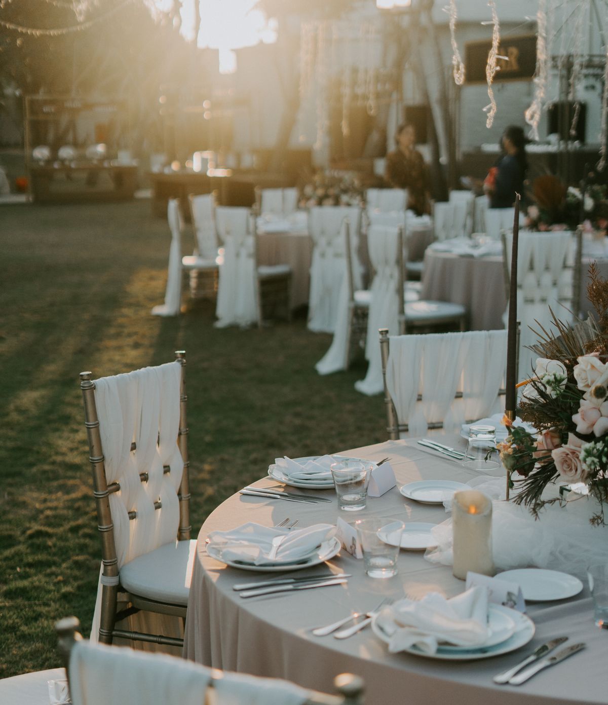 Event tables and chairs prepared for a reception