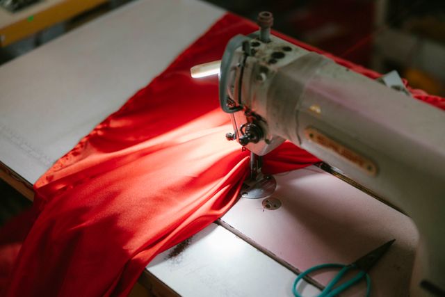 Retouche couture à Mont-de-Marsan : piqûre d’un tissu rouge à la machine à coudre en atelier