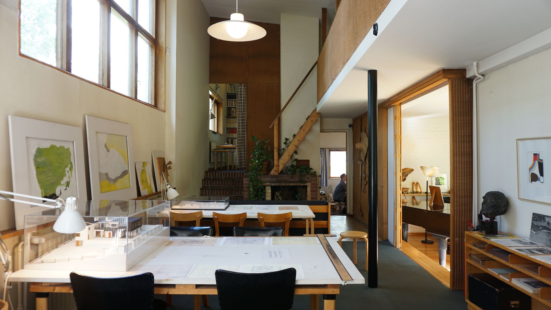 The studio at Klybeckstrasse 141 — drawing tables and model shelf