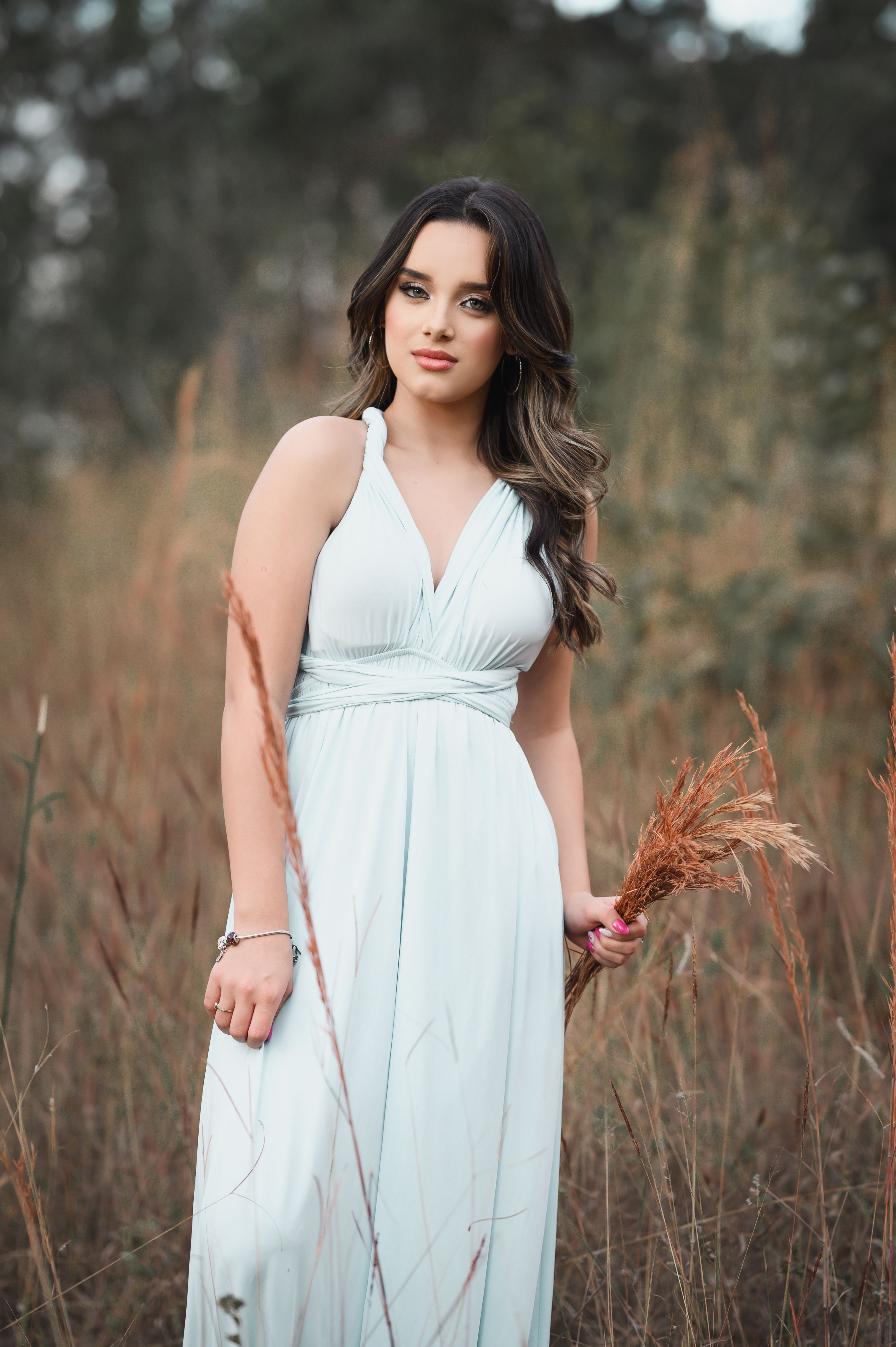 A beautiful young woman in a blue dress poses in a field · Free Stock Photo