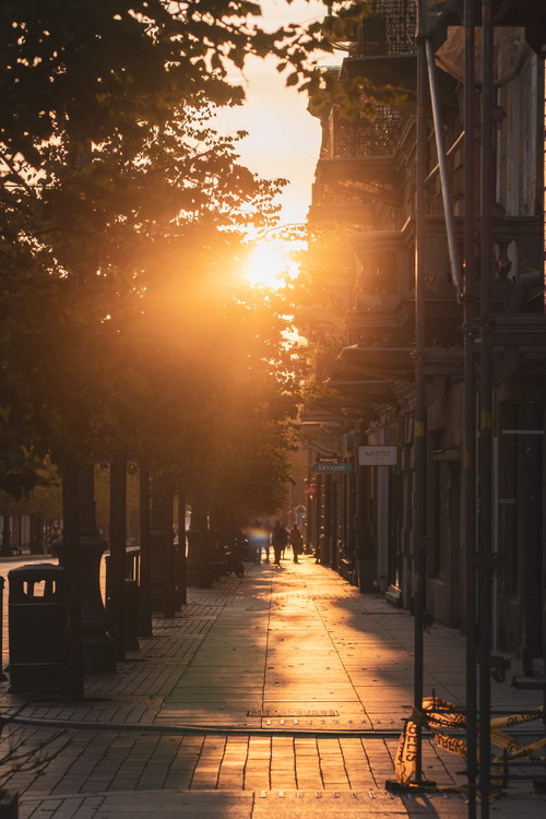Free Warm sunset light creating silhouettes on a street in Vilnius, Lithuania. Stock Photo