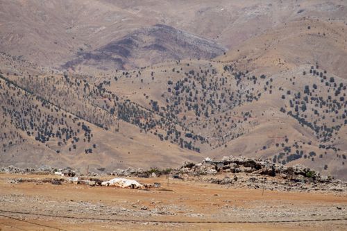 Free Expansive arid landscape with hills and scattered vegetation in Çermik, Türkiye. Stock Photo
