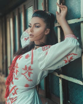 Fashion model in traditional embroidered dress posing outdoors, embracing bohemian style.