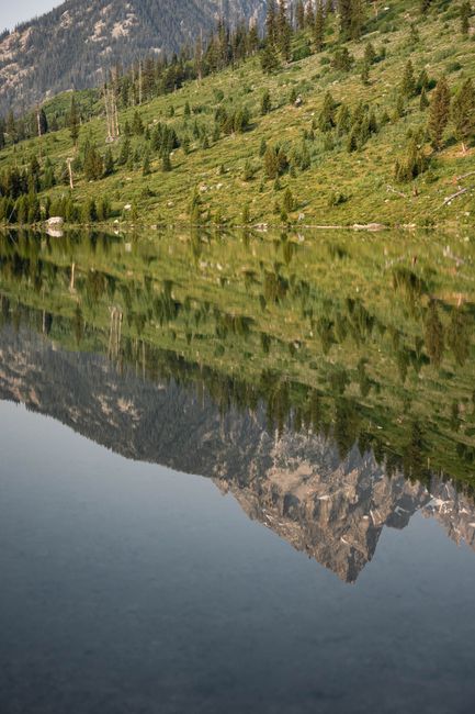 Serene reflection of mountains and trees in a tranquil lake in Jackson, Wyoming.