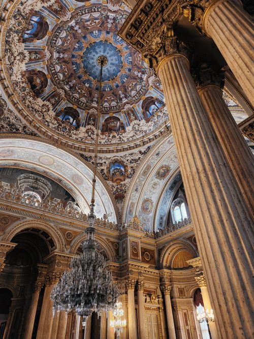 Free Stunning ornate ceiling and chandelier inside Dolmabahçe Palace, Istanbul. Stock Photo