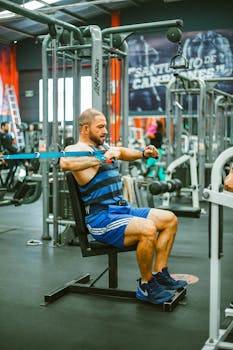 Man working out with resistance bands in a modern gym setting.