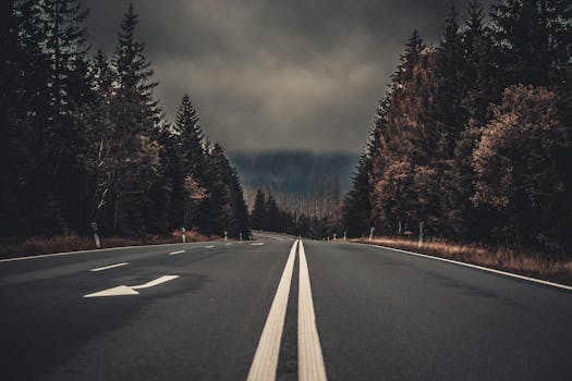 乌云笼罩下，一条高速公路穿过德国哈茨的森林，显得喜怒无常