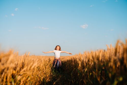 Free A cheerful child joyfully runs through a golden wheat field under a clear blue sky. Stock Photo