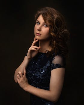Studio portrait of a woman in an elegant dress against a dark background.