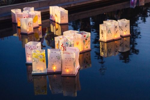 Free Floating paper lanterns create a serene and illuminated scene on the water during twilight in Victoria, BC. Stock Photo