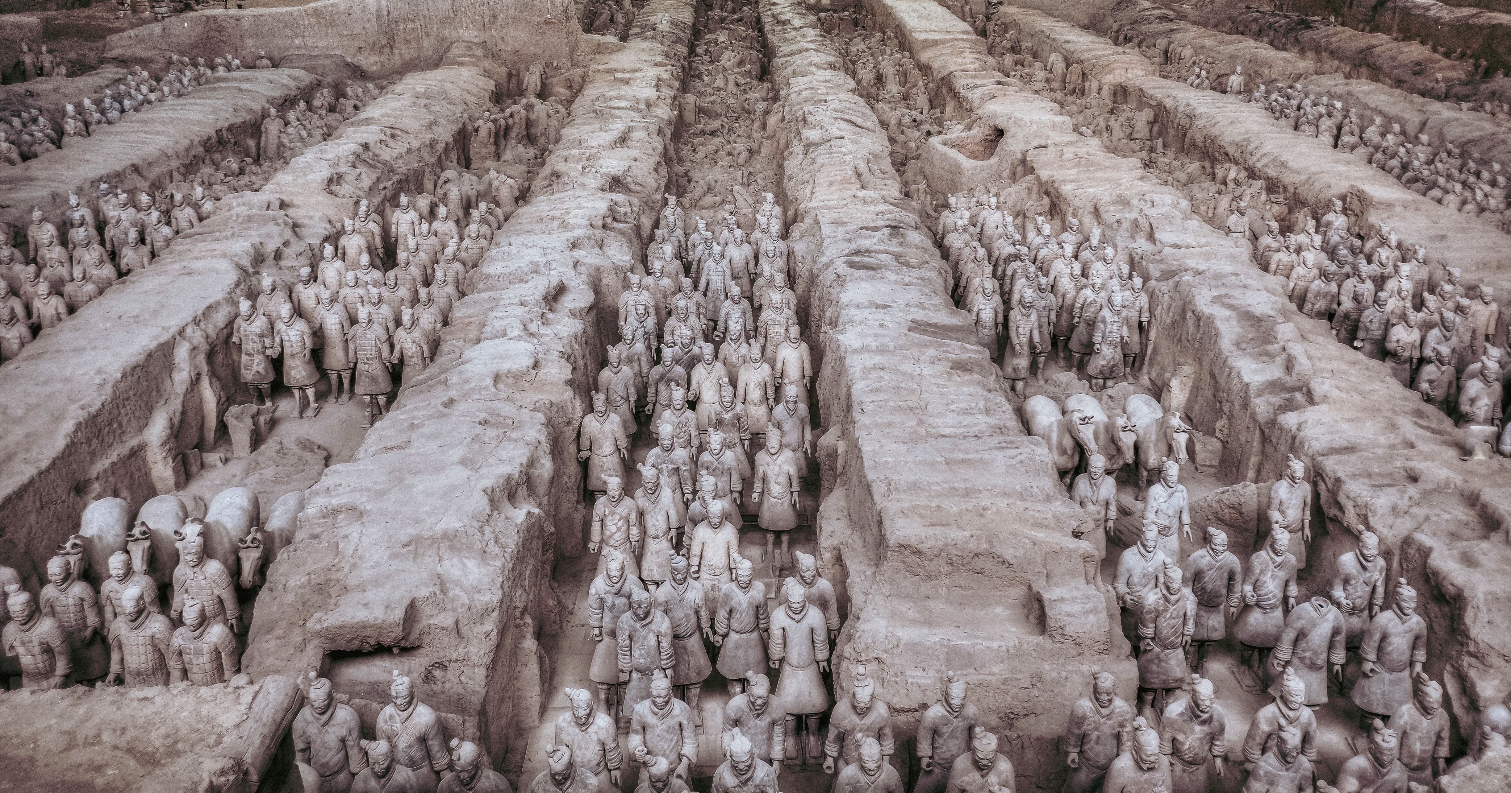 Aerial view of the ancient Terracotta Army in Xi'an, Shaanxi, China.