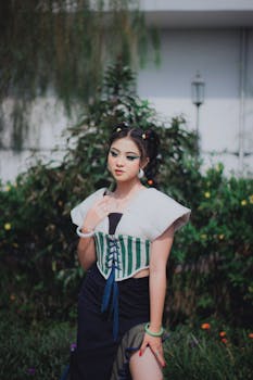 Fashionable woman posing in a unique dress amidst outdoor greenery in Bandung, Indonesia.