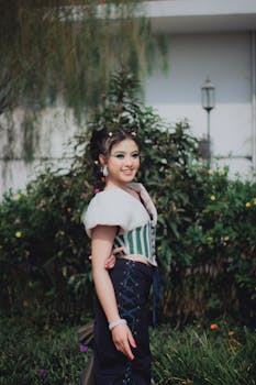 Stylish woman posing outdoors in a modern outfit, exuding elegance and charm.