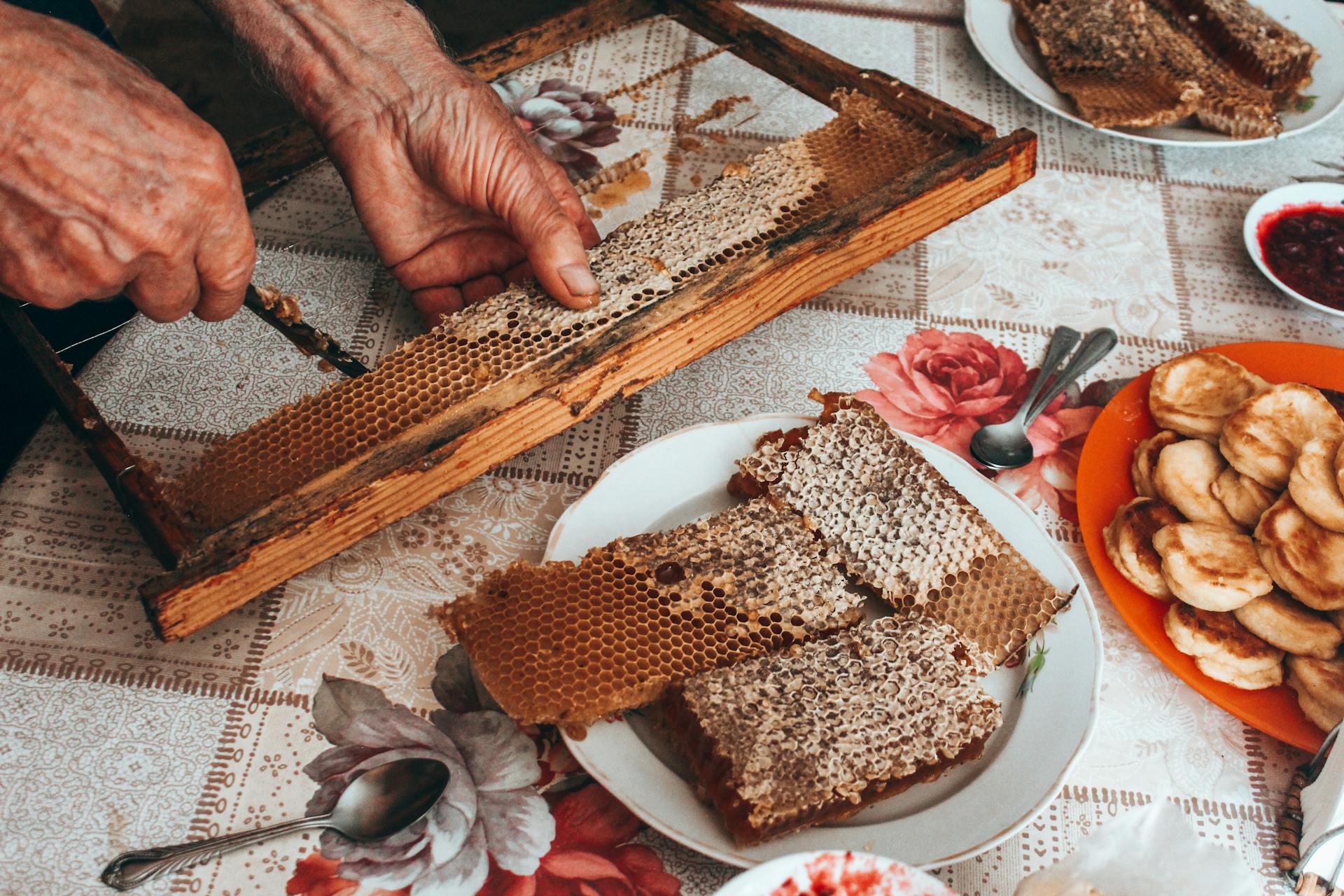 Person Hands Holding Honey on Table